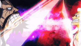 two cartoon characters are fighting each other with a purple background .