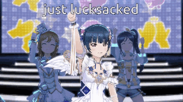 a group of anime girls are dancing on a stage with the words just lucksacked written above them