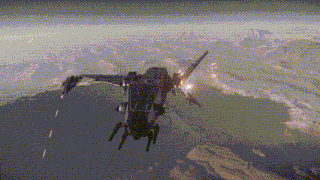 a space ship is flying over a mountain range