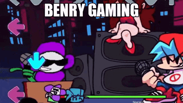 a cartoon character is playing a video game and the words benry gaming are on the bottom