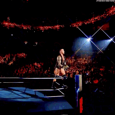 a wrestler is standing in the middle of a wrestling ring holding a rope .