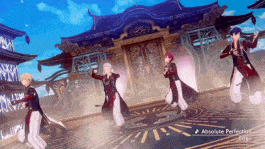a group of people are dancing in front of a building with the song absolute perfection on the screen