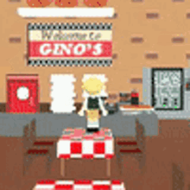 a pixel art illustration of a restaurant with a sign that says gino 's on it .