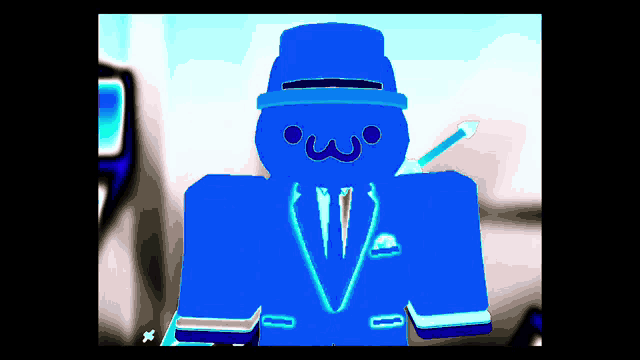 a blue robot wearing a suit and top hat with a smiley face