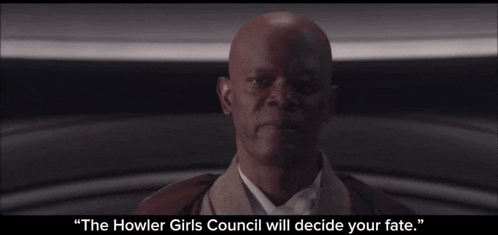 a bald man says " the howler girls council will decide your fate " in a dark room