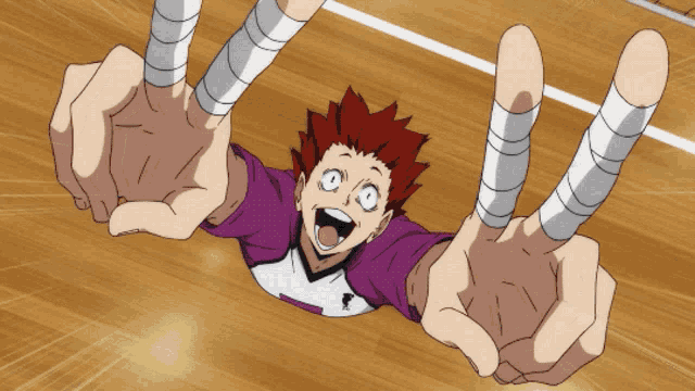 a cartoon character with bandaged fingers is laying on the floor with his arms outstretched