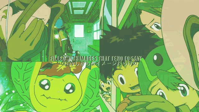 a collage of green cartoon characters with the words " filled with images that end to say "