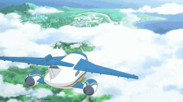 a blue and white airplane is flying over a lush green landscape