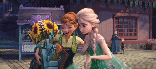anna and elsa from frozen are standing next to each other in front of a building