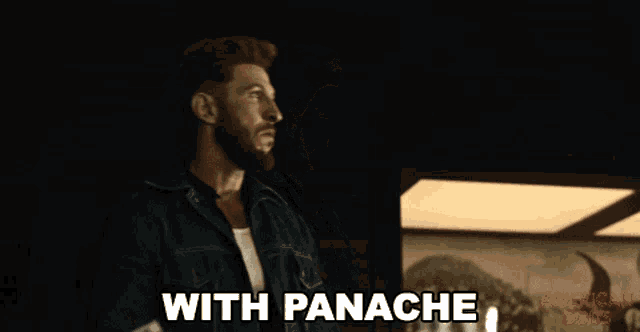 a man with a beard is standing in front of a sign that says " with panache "