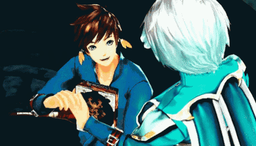two anime characters are looking at each other and one has a book in his hand