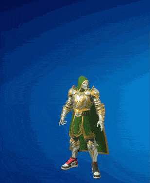 a knight with a green cape is holding a basketball which is flying through the air