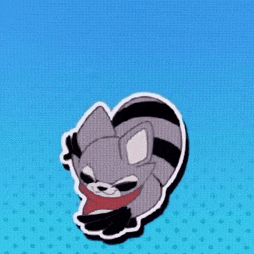a cartoon raccoon wearing a red scarf is being held by a black hand