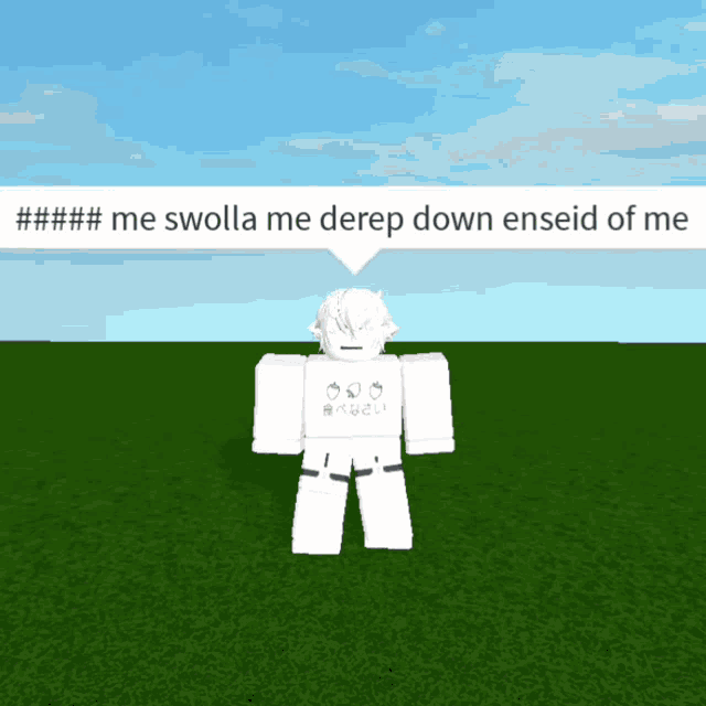 a cartoon character with a speech bubble that says " me swolla me derep down ensoid of me "