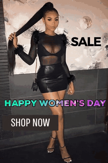 a woman in a black dress with the words sale happy women 's day shop now on the bottom