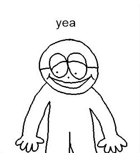 a black and white drawing of a cartoon character with glasses smiling .