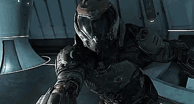 a video game character is wearing a helmet and holding a gun in a room .