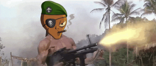 a cartoon character wearing a green hat with an x on it is holding a gun