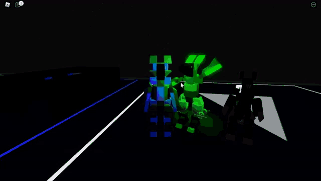 a screenshot of a video game shows a green and a blue robot