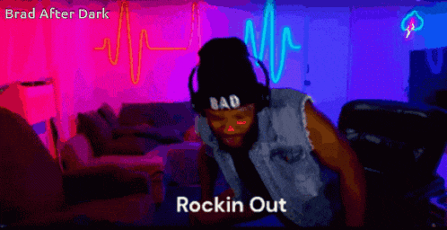 a cartoon of a man with headphones and the words rockin out below him