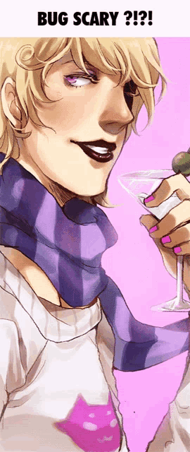 a drawing of a woman holding a martini glass with the words bug scary written on the bottom
