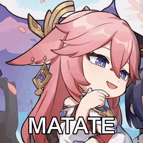 a cartoon of a girl with pink hair and the word matate