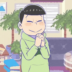 a cartoon boy in a green hoodie is standing in a living room with his hands folded in prayer .