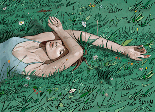 a drawing of a woman laying in the grass with the date 14441 on the bottom