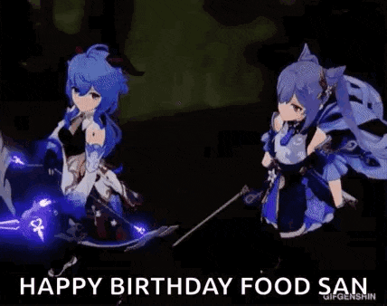 a couple of anime characters standing next to each other with the words `` happy birthday food san '' written on the bottom .