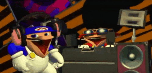 a cartoon character is wearing headphones and sunglasses while dancing in front of a speaker .