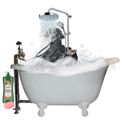 a woman is taking a shower in a bathtub next to a bottle of sante shampoo