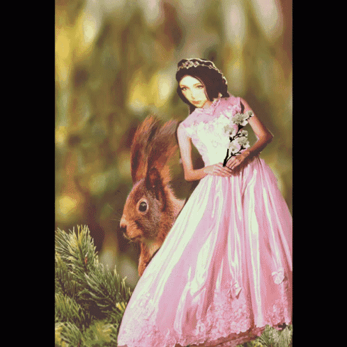 a woman in a pink dress holds a squirrel