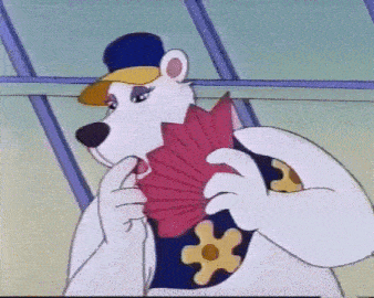 a cartoon polar bear is holding a fan and wearing a hat