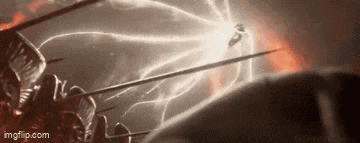 a group of people are fighting each other with swords and lightning .