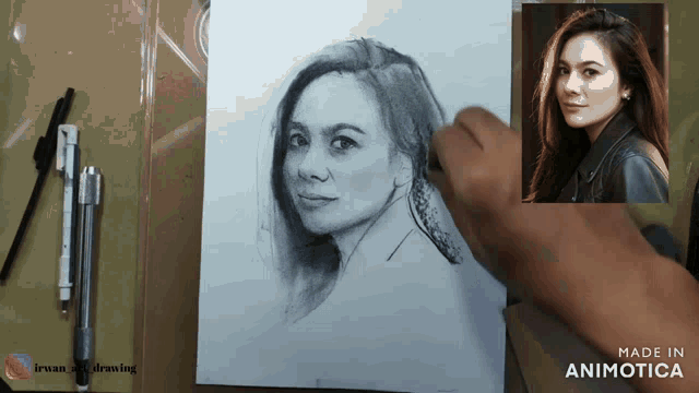 a drawing of a woman with the words made in animatica below it
