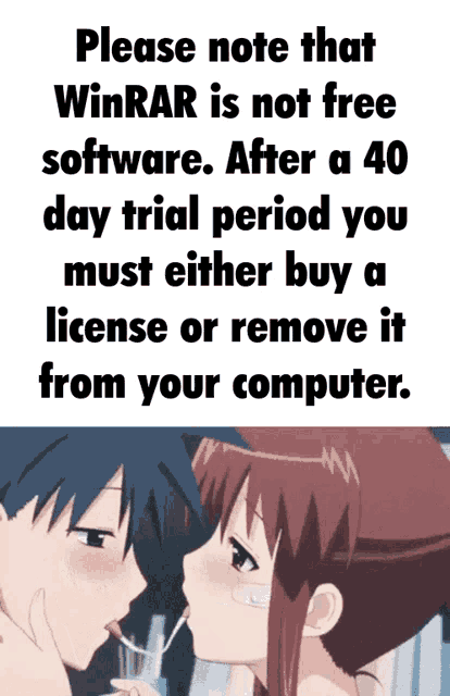 a cartoon of a man and a woman kissing with the words " please note that winrar is not free software " on the bottom