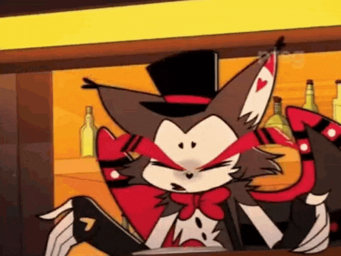 a cartoon cat with a top hat and bow tie is sitting at a table .