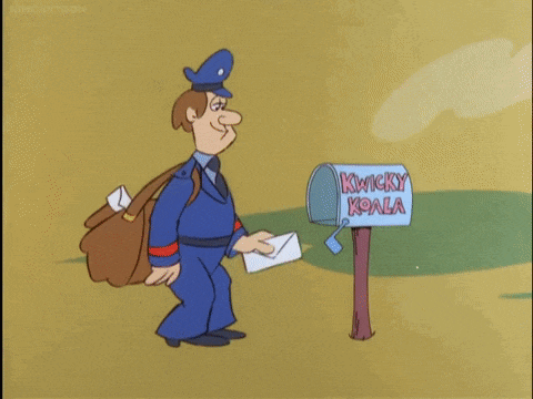 a cartoon of a man holding a teddy bear next to a kwicky koala mailbox