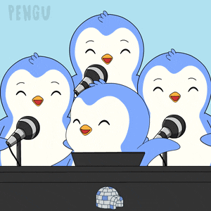 a group of penguins singing into microphones with the word pengu on the bottom right