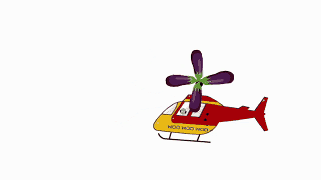 a red and yellow helicopter with woo woo written on the side