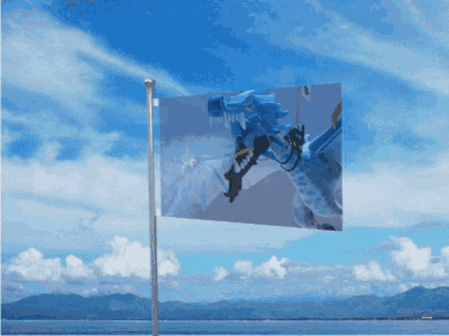 a flag with a picture of a dragon on it flies in the wind