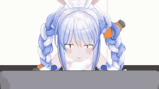 a 3d anime girl with bunny ears and a carrot in her hair looks at the camera