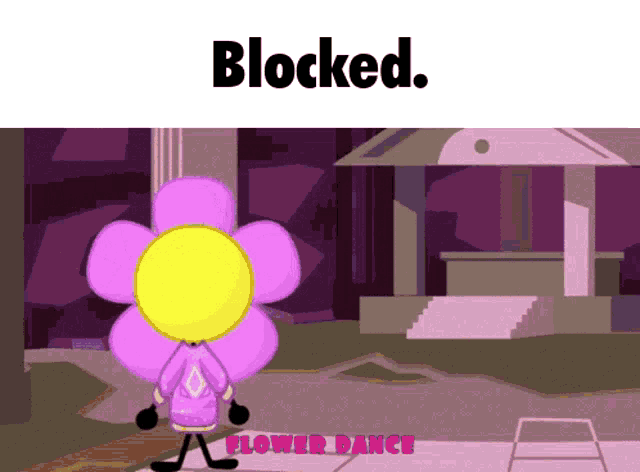 a cartoon of a flower with a yellow center and the words " blocked " above it