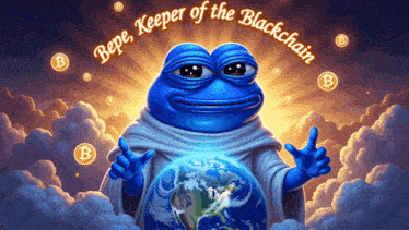 a blue frog holding a globe with the words pepe keeper of the blockchain
