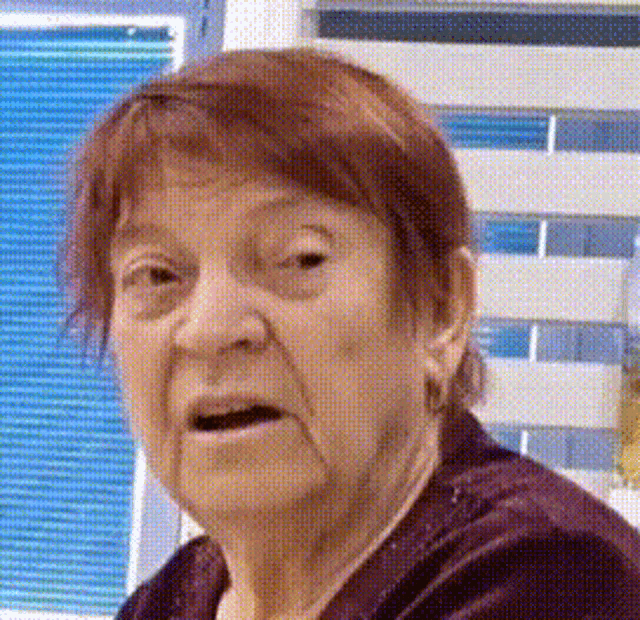 a close up of an elderly woman 's face with a blue blind behind her