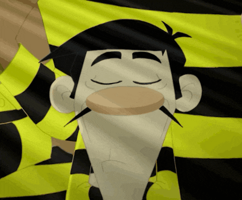 a cartoon character with a yellow and black striped shirt and a mustache