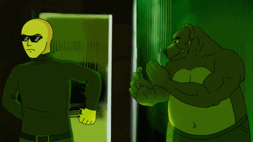 a cartoon of a man wearing sunglasses and a bear with a knife