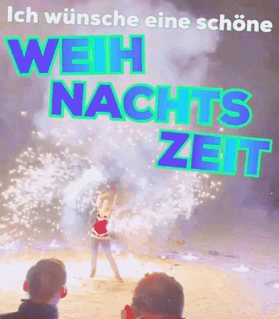 a woman is standing in front of a fireworks display with the words ich wünsche eine schöne weich nachts zeit above her