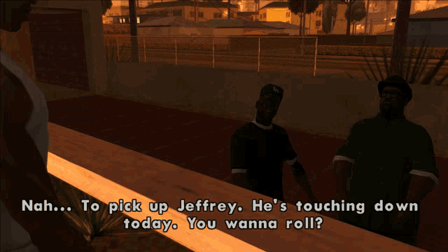 a screenshot of a video game shows two men talking to each other