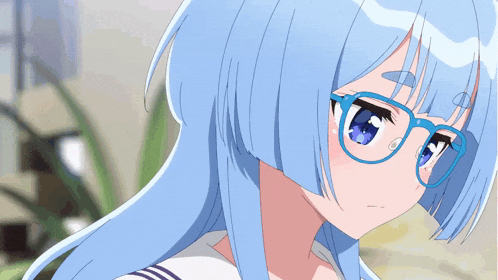 a girl with blue hair and glasses is looking at something